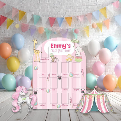 Personalized Pink Circus Birthday Photo Board, Baby Milestone, Safari Animals, Carnival Party, Carousel, 1st Birthday, First Birthday Decor