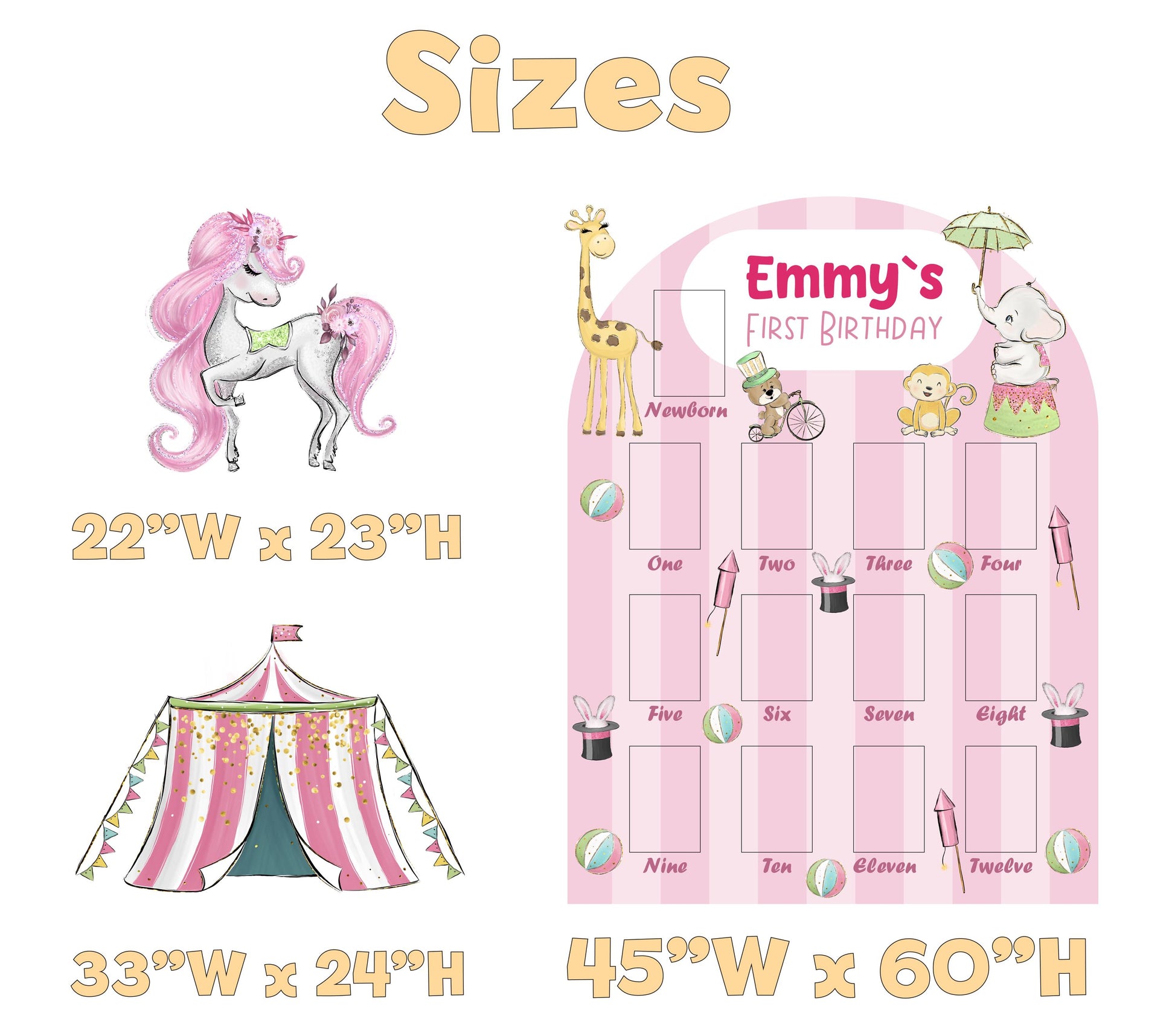 Personalized Pink Circus Birthday Photo Board, Baby Milestone, Safari Animals, Carnival Party, Carousel, 1st Birthday, First Birthday Decor