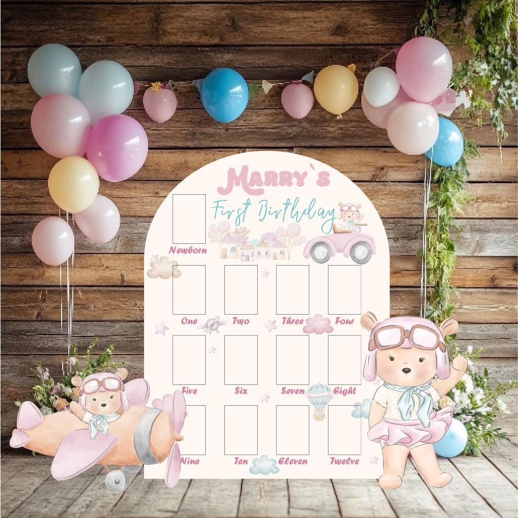 Personalized Pink Aviator Bear Photo Board, Girls First Birthday, First Year Photo Board, Time Flies, We Can Bearly Wait, Lawn Sign, Props