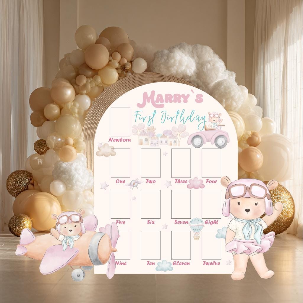 Personalized Pink Aviator Bear Photo Board, Girls First Birthday, First Year Photo Board, Time Flies, We Can Bearly Wait, Lawn Sign, Props