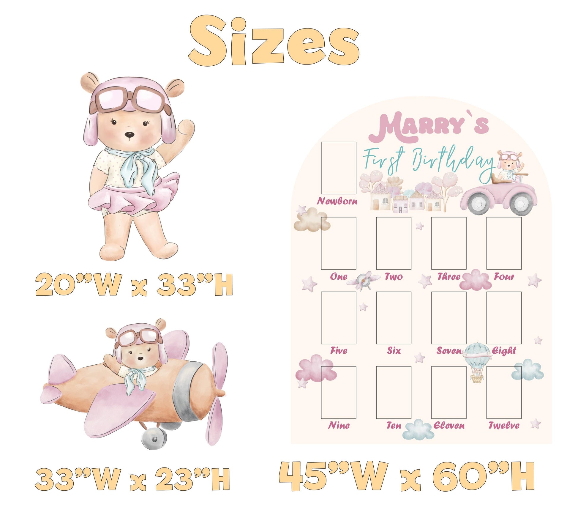 Personalized Pink Aviator Bear Photo Board, Girls First Birthday, First Year Photo Board, Time Flies, We Can Bearly Wait, Lawn Sign, Props