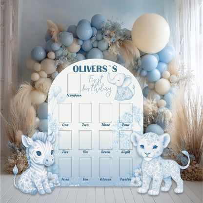 Personalized Blue Toile Safari Animals Cutout, Milestone, Boys First Birthday, First Year Photo Board, Safari Toile de Jouy, Chinoiserie