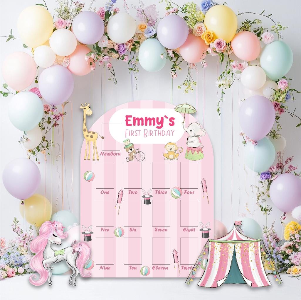 Personalized Pink Circus Birthday Photo Board, Baby Milestone, Safari Animals, Carnival Party, Carousel, 1st Birthday, First Birthday Decor