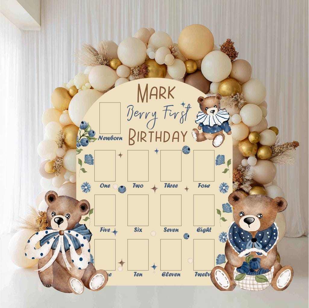 Personalized Berry First Birthday Photo Board, Baby Milestone, Backdrop, Sweet Party Decoration, Sweet One,Blueberry 1st Birthday,Teddy Bear
