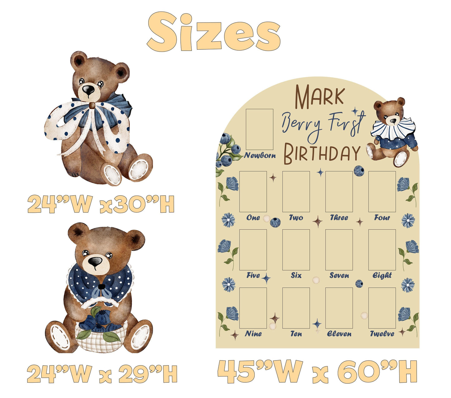 Personalized Berry First Birthday Photo Board, Baby Milestone, Backdrop, Sweet Party Decoration, Sweet One,Blueberry 1st Birthday,Teddy Bear