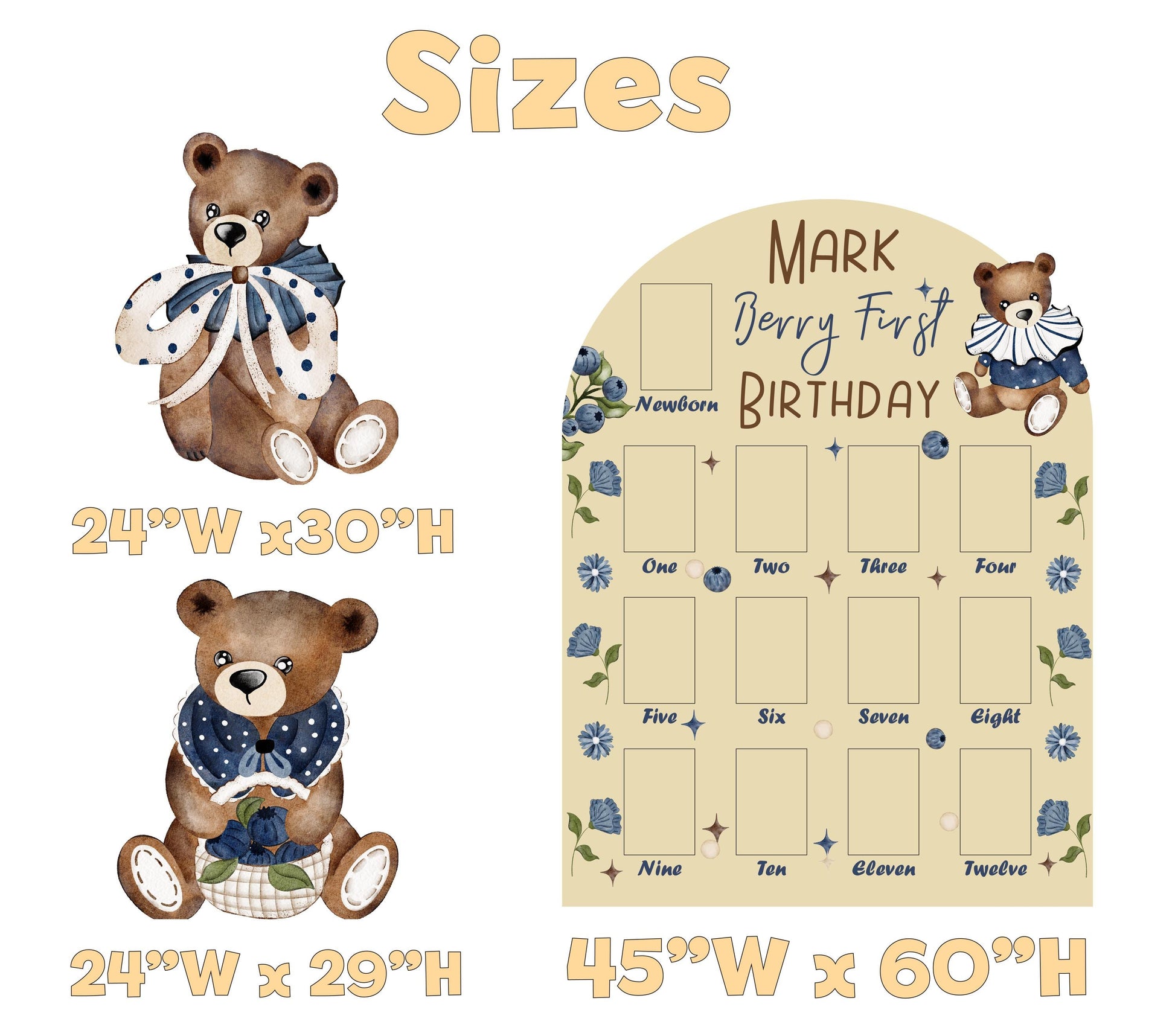 Personalized Berry First Birthday Photo Board, Baby Milestone, Backdrop, Sweet Party Decoration, Sweet One,Blueberry 1st Birthday,Teddy Bear