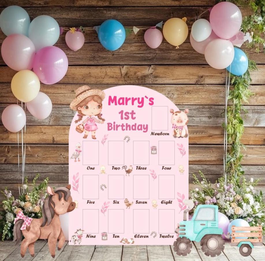 Personalized Farm Animals Cutouts, First Birthday Photo Board, First Birthday, First Year, Prop, Farm Themed Party Decor, Pink Farm Animals