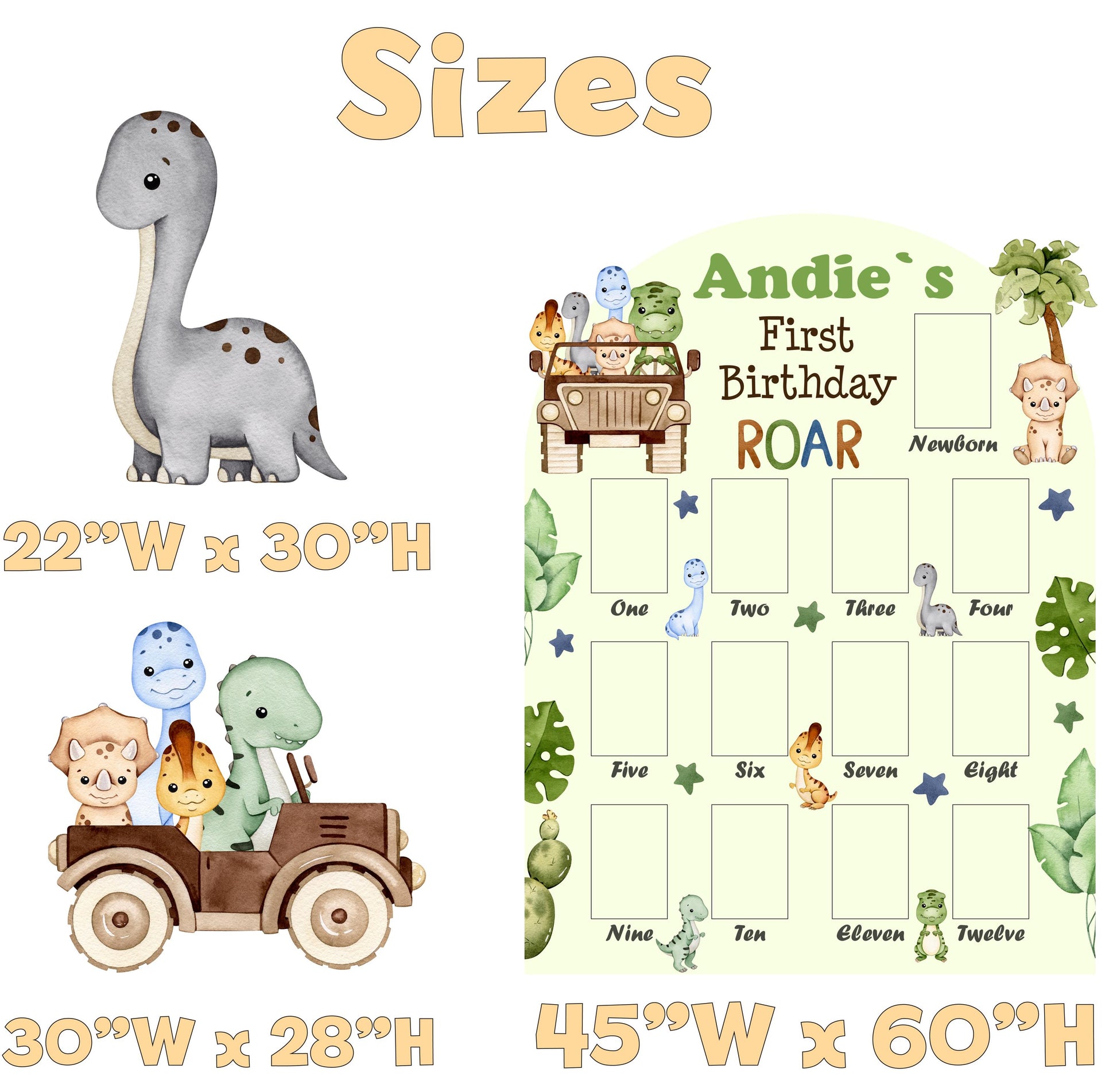Personalized Dinosaur 1st Birthday Photo Board: Baby Dino Decor, First Birthday, Safari Truck, Safari Dino, T-Rex