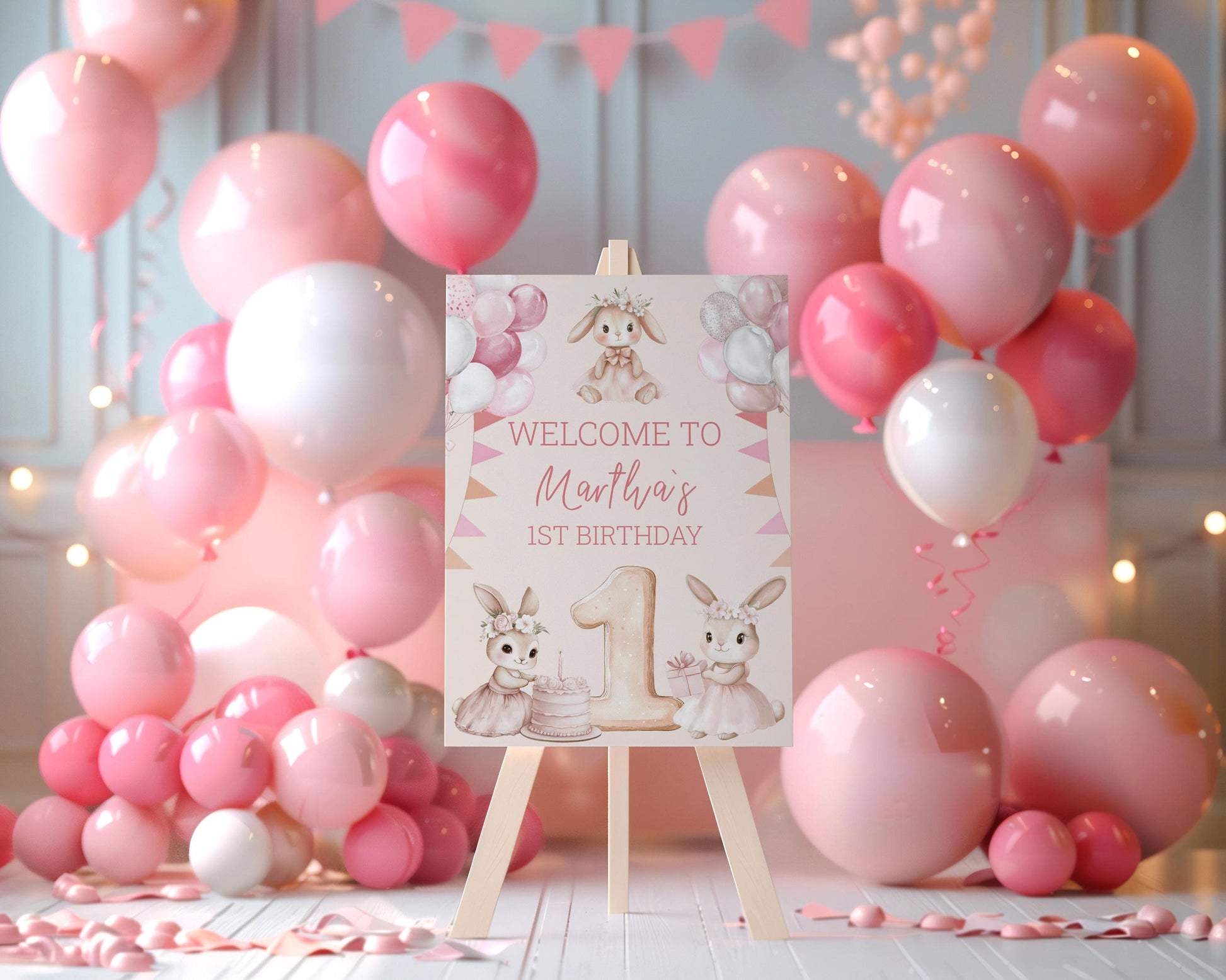 Cute Floral Bunny Cutouts, First Birthday Decor, Baby girl, Backdrop, Pink Decor, Centerpieces, Party Props, Lawn Sign