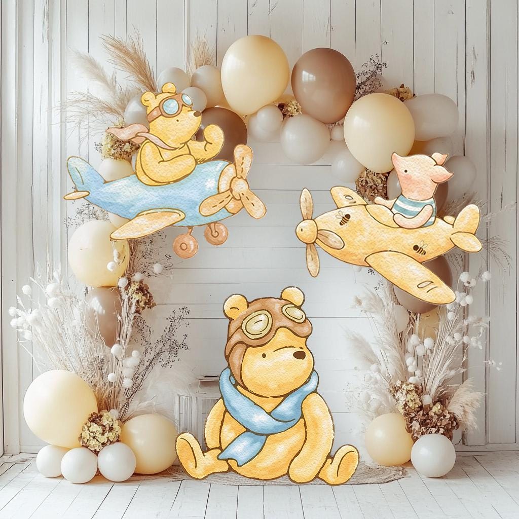 Classic Winnie the Pooh SET of 3 Cutouts, Airplane, Boy Baby Shower Decor, Backdrop, Yard Sign, Aviator Bear, First Birthday, Classic Bear