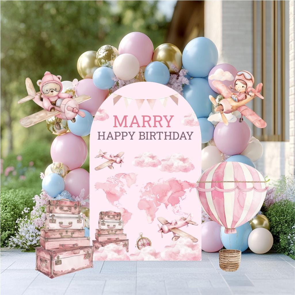 Pink Aviator Bear Cutout, Girls Travel Birthday, Time Flies, Adventure Awaits, Baby Shower, Welcome Sign, Hot Air Balloon, Aeroplane, Props