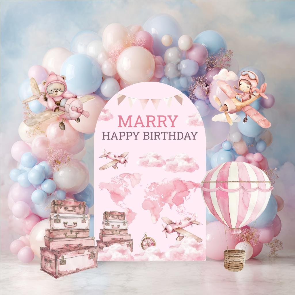 Pink Aviator Bear Cutout, Girls Travel Birthday, Time Flies, Adventure Awaits, Baby Shower, Welcome Sign, Hot Air Balloon, Aeroplane, Props
