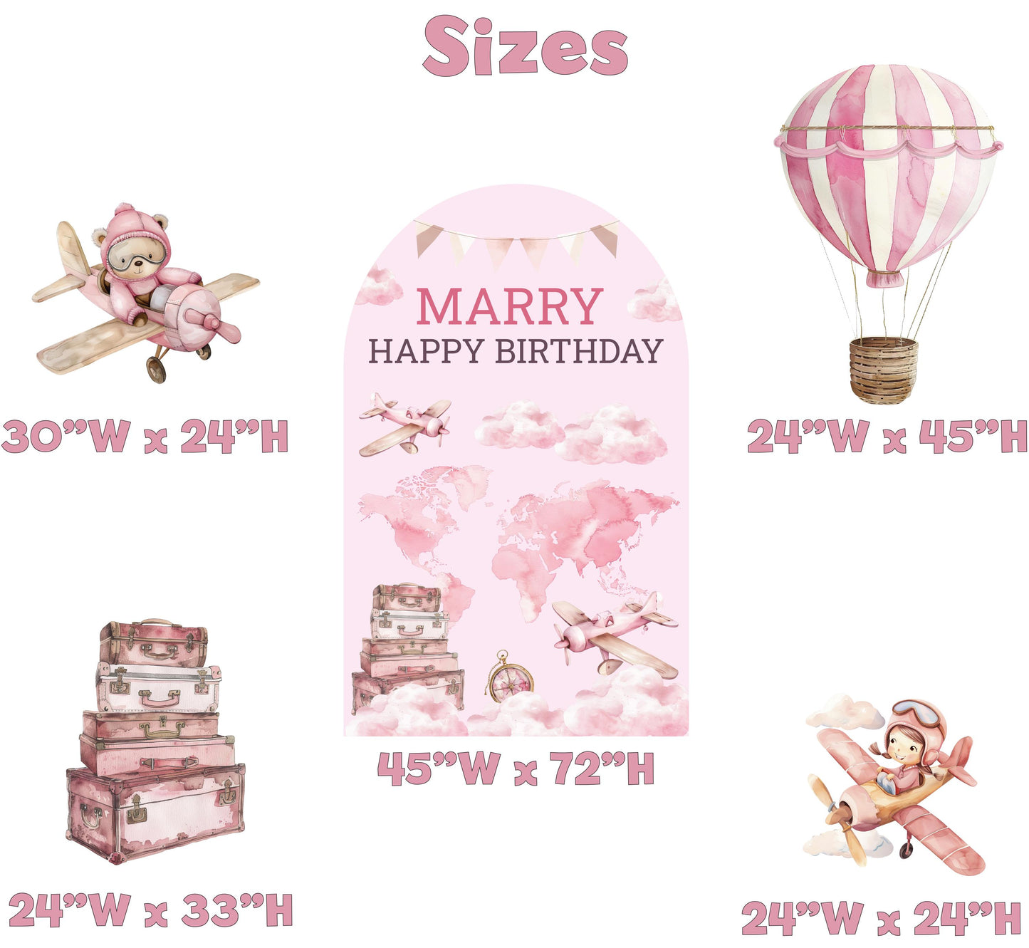 Pink Aviator Bear Cutout, Girls Travel Birthday, Time Flies, Adventure Awaits, Baby Shower, Welcome Sign, Hot Air Balloon, Aeroplane, Props