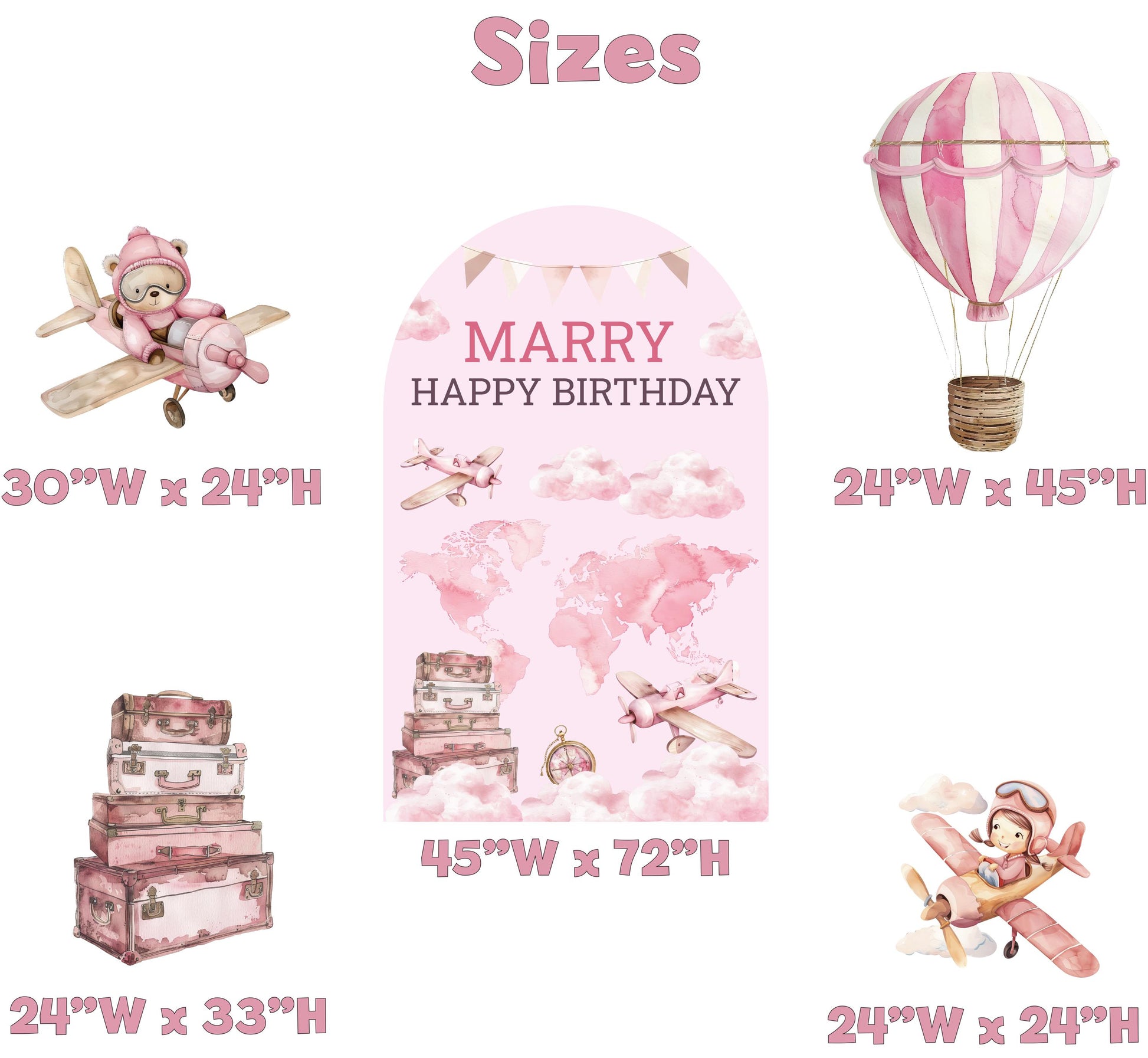Pink Aviator Bear Cutout, Girls Travel Birthday, Time Flies, Adventure Awaits, Baby Shower, Welcome Sign, Hot Air Balloon, Aeroplane, Props