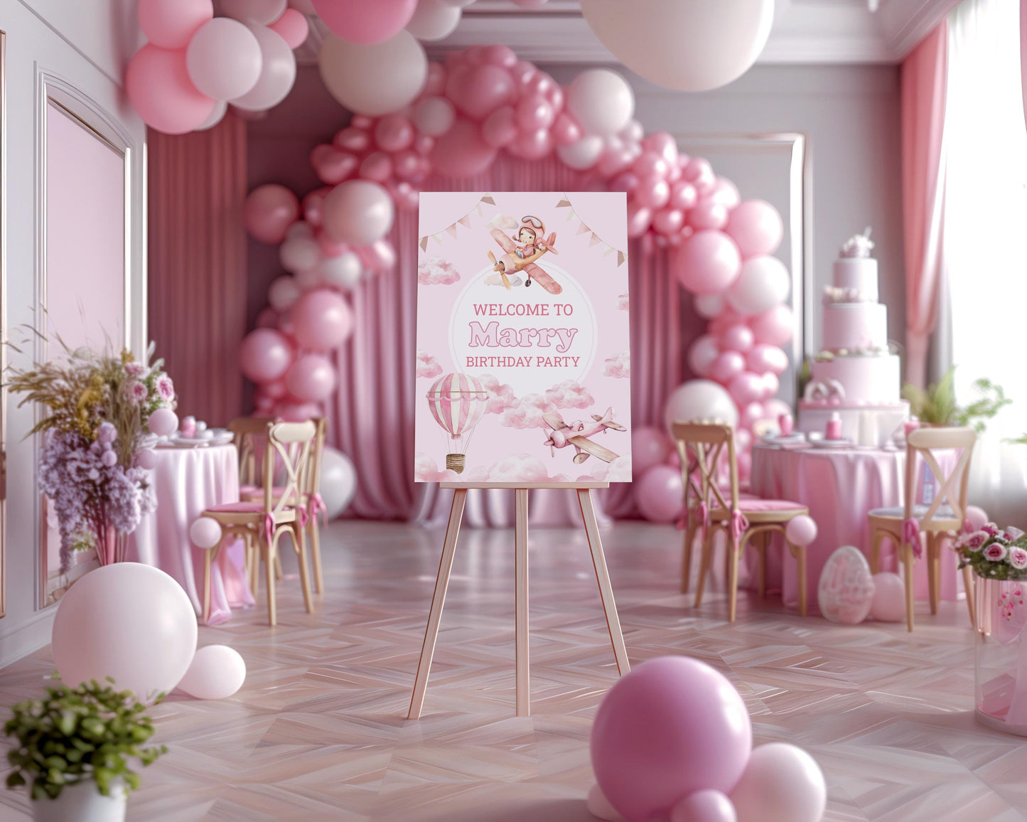 Pink Aviator Bear Cutout, Girls Travel Birthday, Time Flies, Adventure Awaits, Baby Shower, Welcome Sign, Hot Air Balloon, Aeroplane, Props