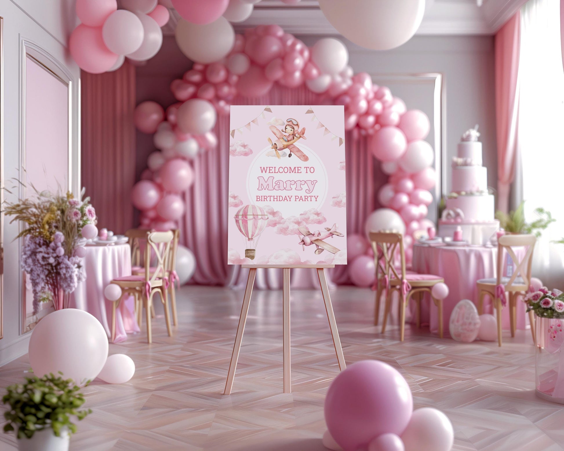 Pink Aviator Bear Cutout, Girls Travel Birthday, Time Flies, Adventure Awaits, Baby Shower, Welcome Sign, Hot Air Balloon, Aeroplane, Props