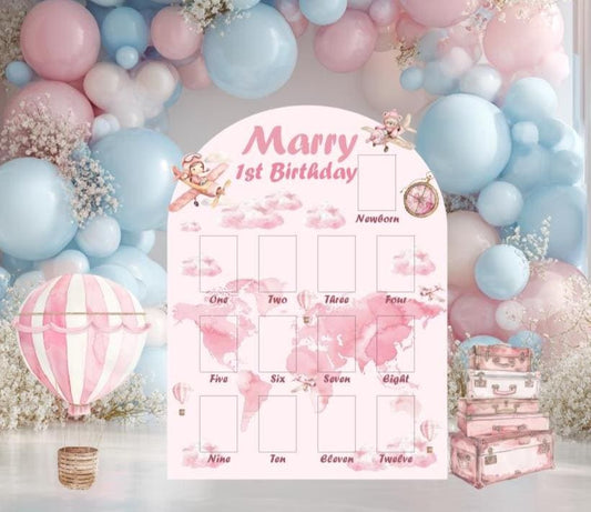Pink Aviator Bear Photo Board, Girls First Birthday, First Year Decor, Time Flies, Hot Air Balloon Lawn Sign, Party Props, Cutouts, Backdrop