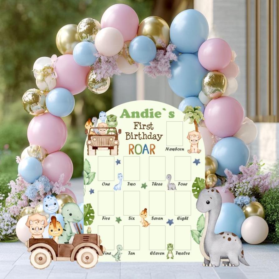 Personalized Dinosaur 1st Birthday Photo Board: Baby Dino Decor, First Birthday, Safari Truck, Safari Dino, T-Rex