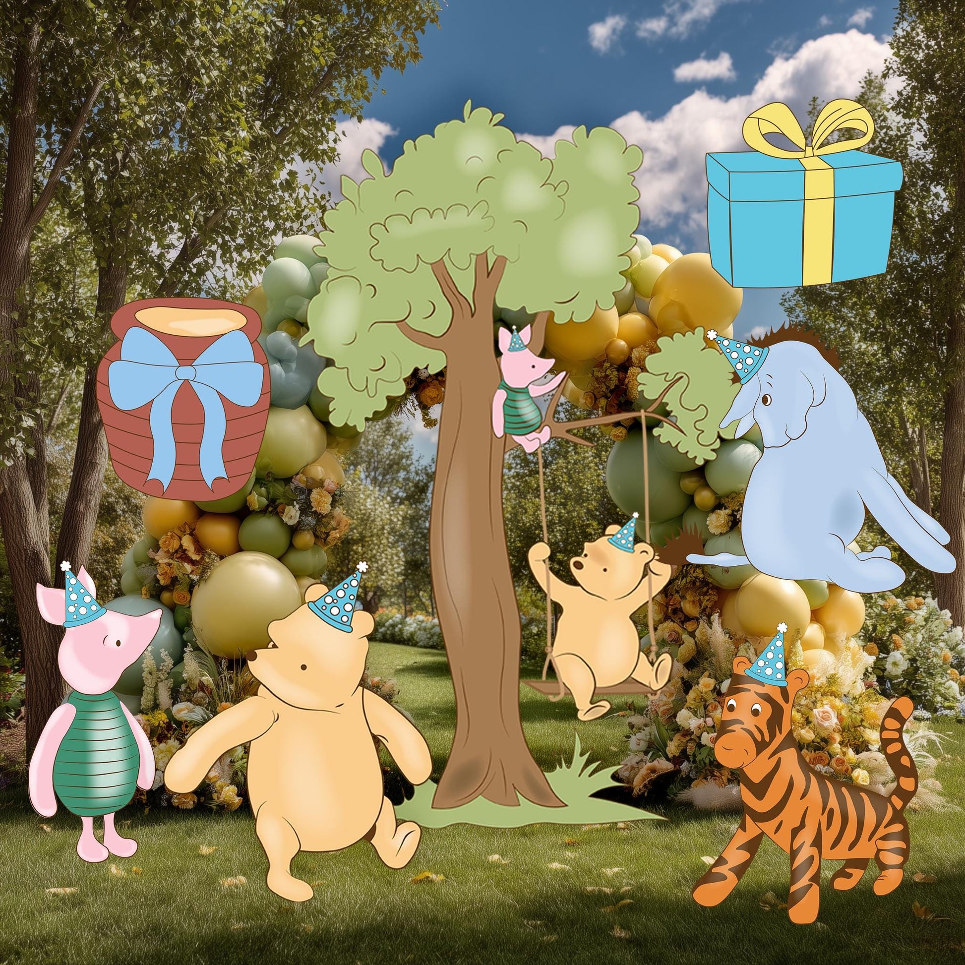 Classic Blue Winnie the Pooh Cutouts, Boy Baby Shower Decor, Yard Sign, Tree Cutout, First Birthday Party Prop