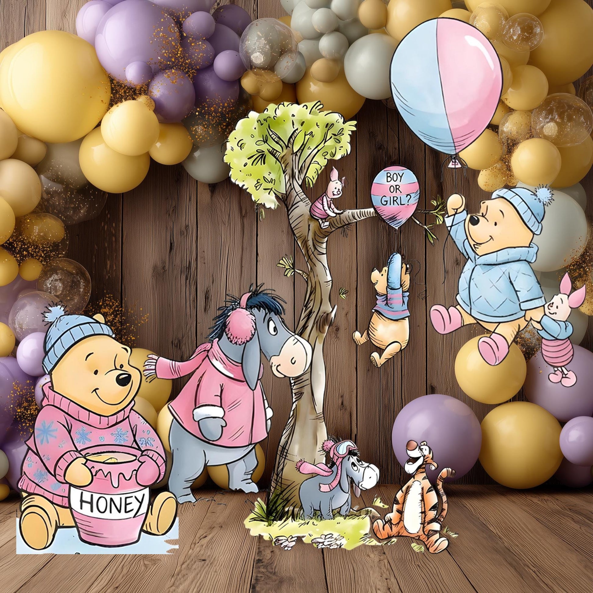 Winnie the Pooh Gender Reveal Party Cutouts, Backdrop Decor, Blue or Pink, Honey Bear, Boy or Girl, Baby Announcement Decor