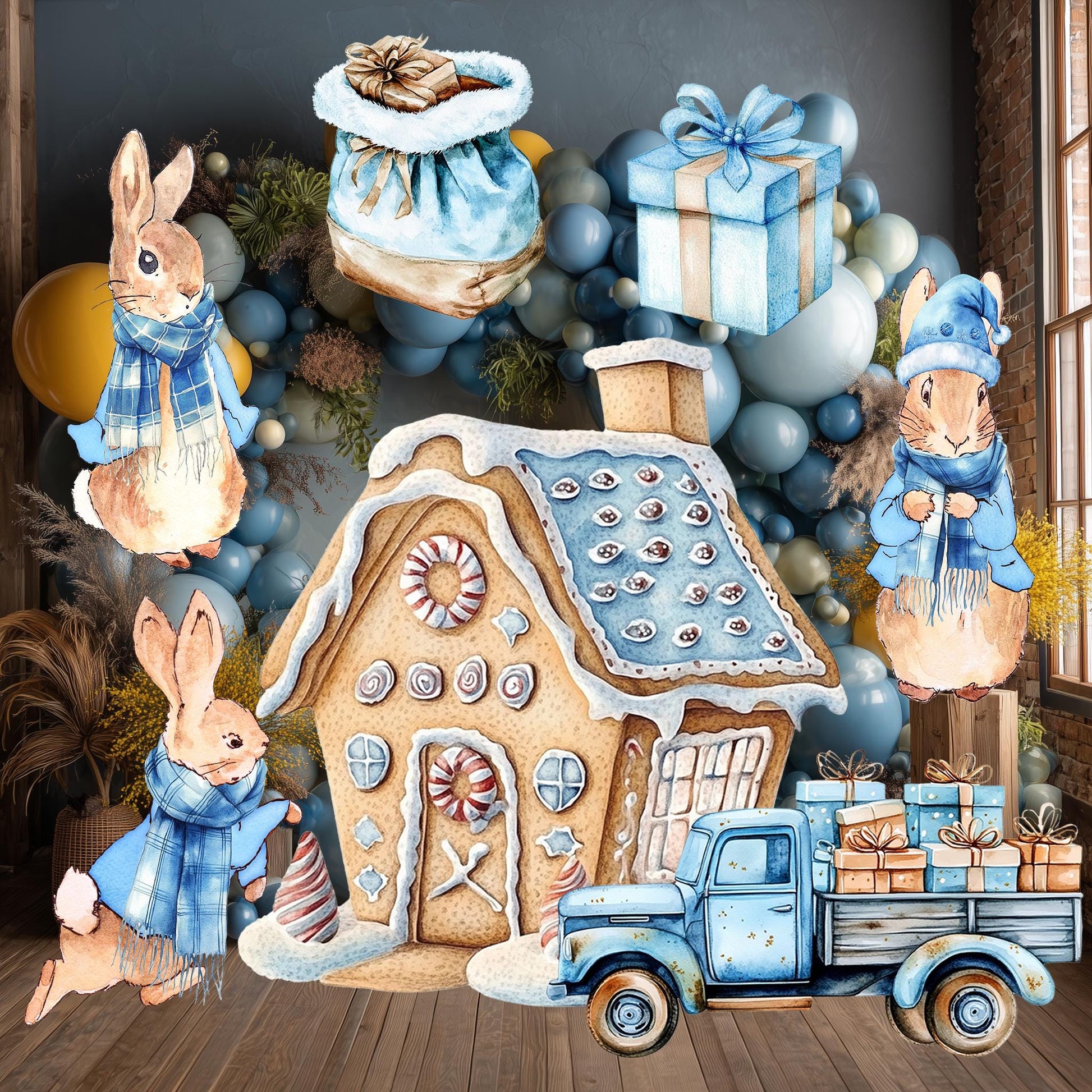 Christmas Peter Rabbit Cutouts, Storybook Baby Shower, Yard Sign, Winter Bunny, Outdoor Decor, Christmas Decor, Gingerbread House