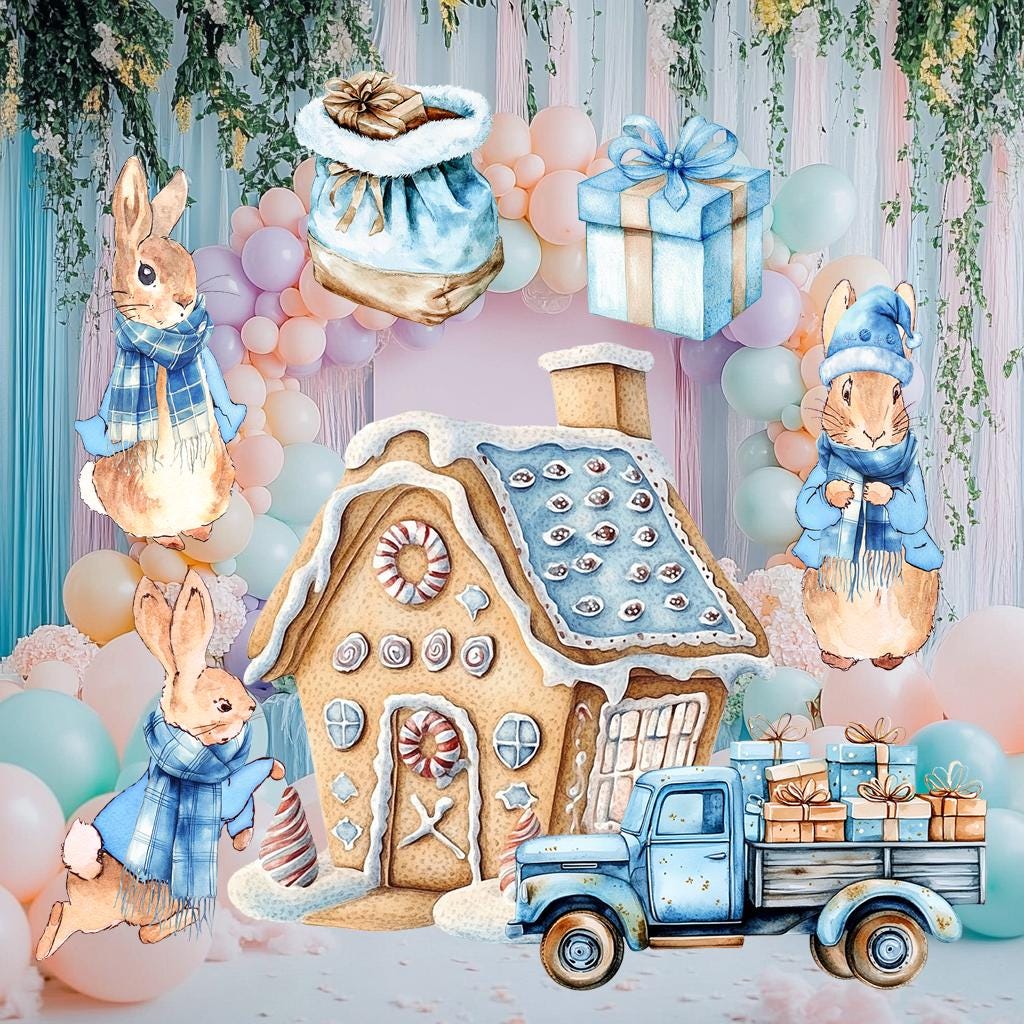 Christmas Peter Rabbit Cutouts, Storybook Baby Shower, Yard Sign, Winter Bunny, Outdoor Decor, Christmas Decor, Gingerbread House