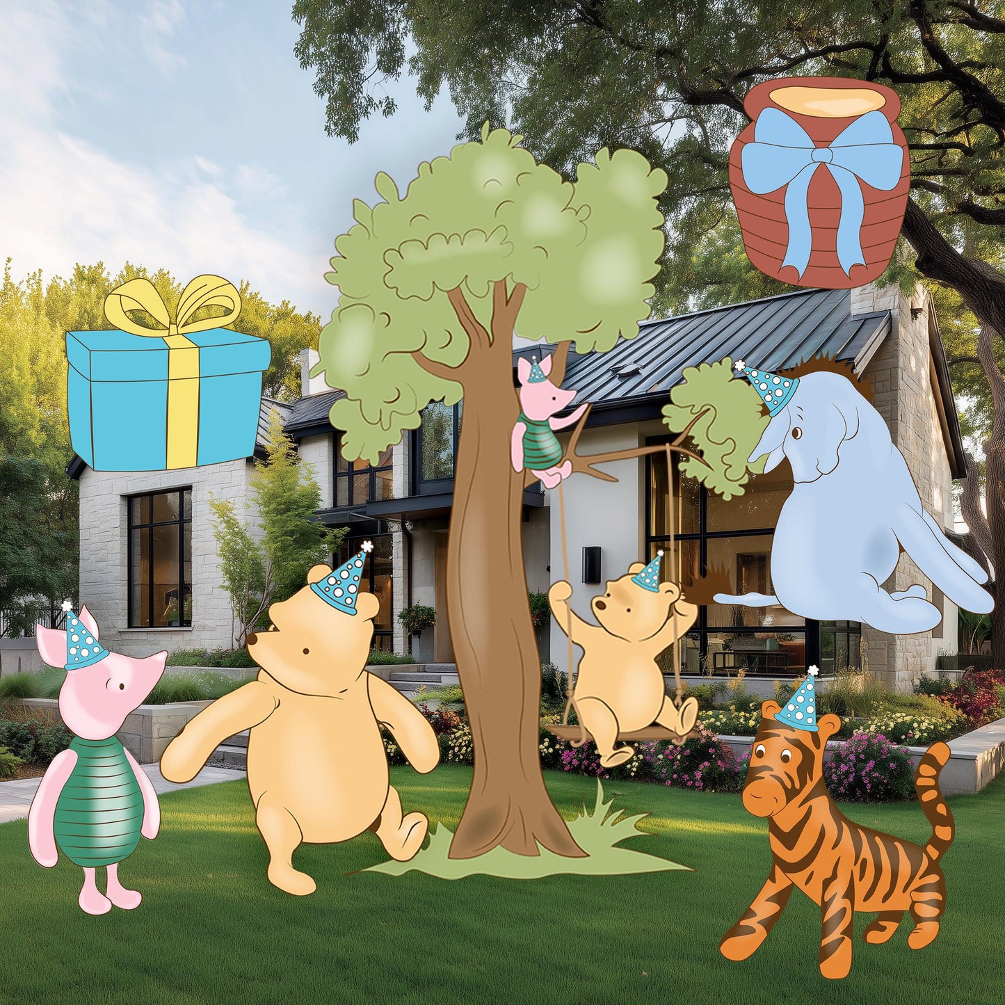 Classic Blue Winnie the Pooh Cutouts, Boy Baby Shower Decor, Yard Sign, Tree Cutout, First Birthday Party Prop