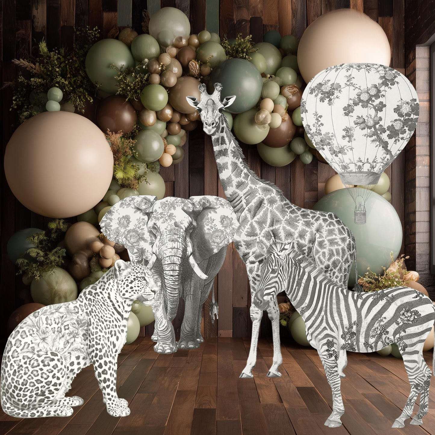 Gray Toile Safari Animals Cutouts, Chinoiserie Birthday, Toile de Jouy Backdrop, Baby Shower Decor, Hot Air Balloon, Party Props