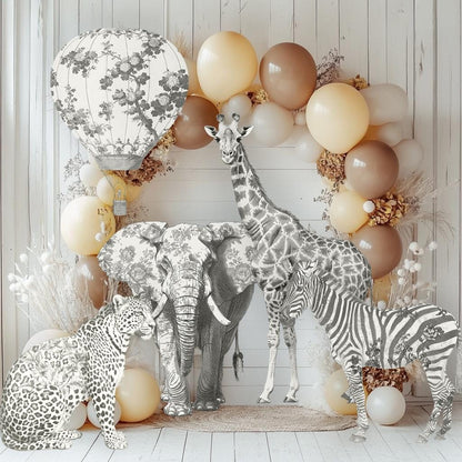 Gray Toile Safari Animals Cutouts, Chinoiserie Birthday, Toile de Jouy Backdrop, Baby Shower Decor, Hot Air Balloon, Party Props
