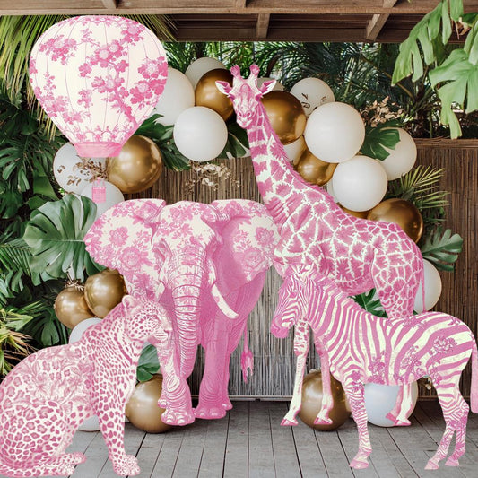 Pink Toile Safari Animals Cutouts, Chinoiserie Birthday, Toile de Jouy Backdrop, Baby Shower Decor, Hot Air Balloon, Party Props
