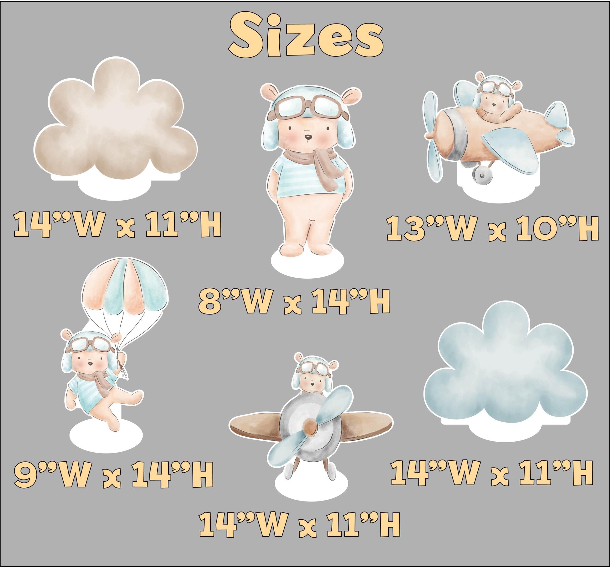 Blue Aviator Bear Double-Sided Table Centerpieces Set 6, Adventure Baby Shower, Clouds Nursery Decor, Table Decor, Birthday Decorations