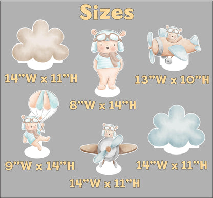 Blue Aviator Bear Double-Sided Table Centerpieces Set 6, Adventure Baby Shower, Clouds Nursery Decor, Table Decor, Birthday Decorations