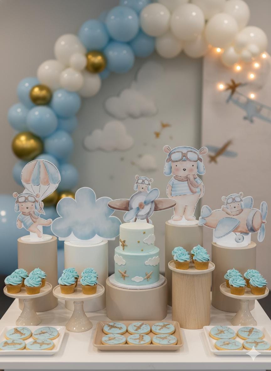 Blue Aviator Bear Double-Sided Table Centerpieces Set 6, Adventure Baby Shower, Clouds Nursery Decor, Table Decor, Birthday Decorations