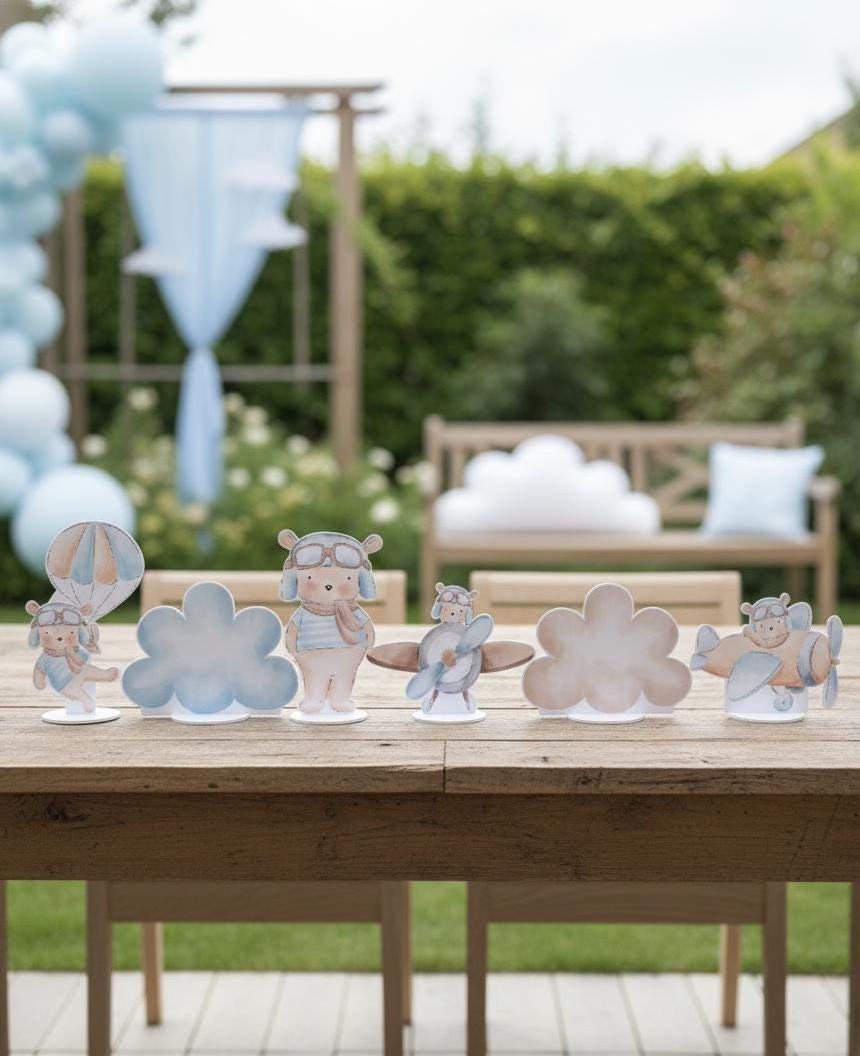 Blue Aviator Bear Double-Sided Table Centerpieces Set 6, Adventure Baby Shower, Clouds Nursery Decor, Table Decor, Birthday Decorations