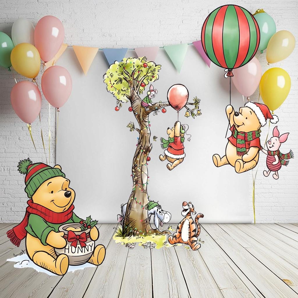 Christmas Winnie the Pooh Cutouts, Baby Shower Backdrop, Lawn Sign, Outdoor Decor, Christmas Decor, Winter Decor