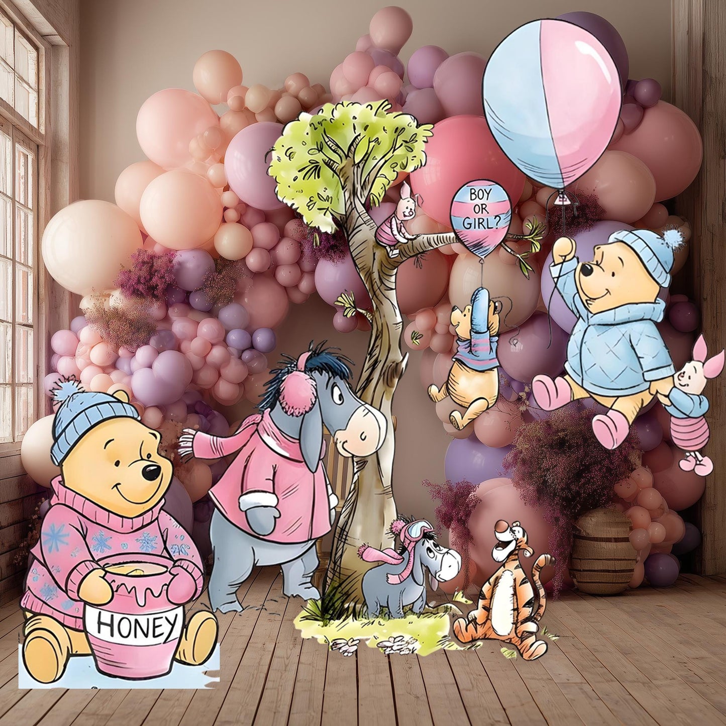 Winnie the Pooh Gender Reveal Party Cutouts, Backdrop Decor, Blue or Pink, Honey Bear, Boy or Girl, Baby Announcement Decor