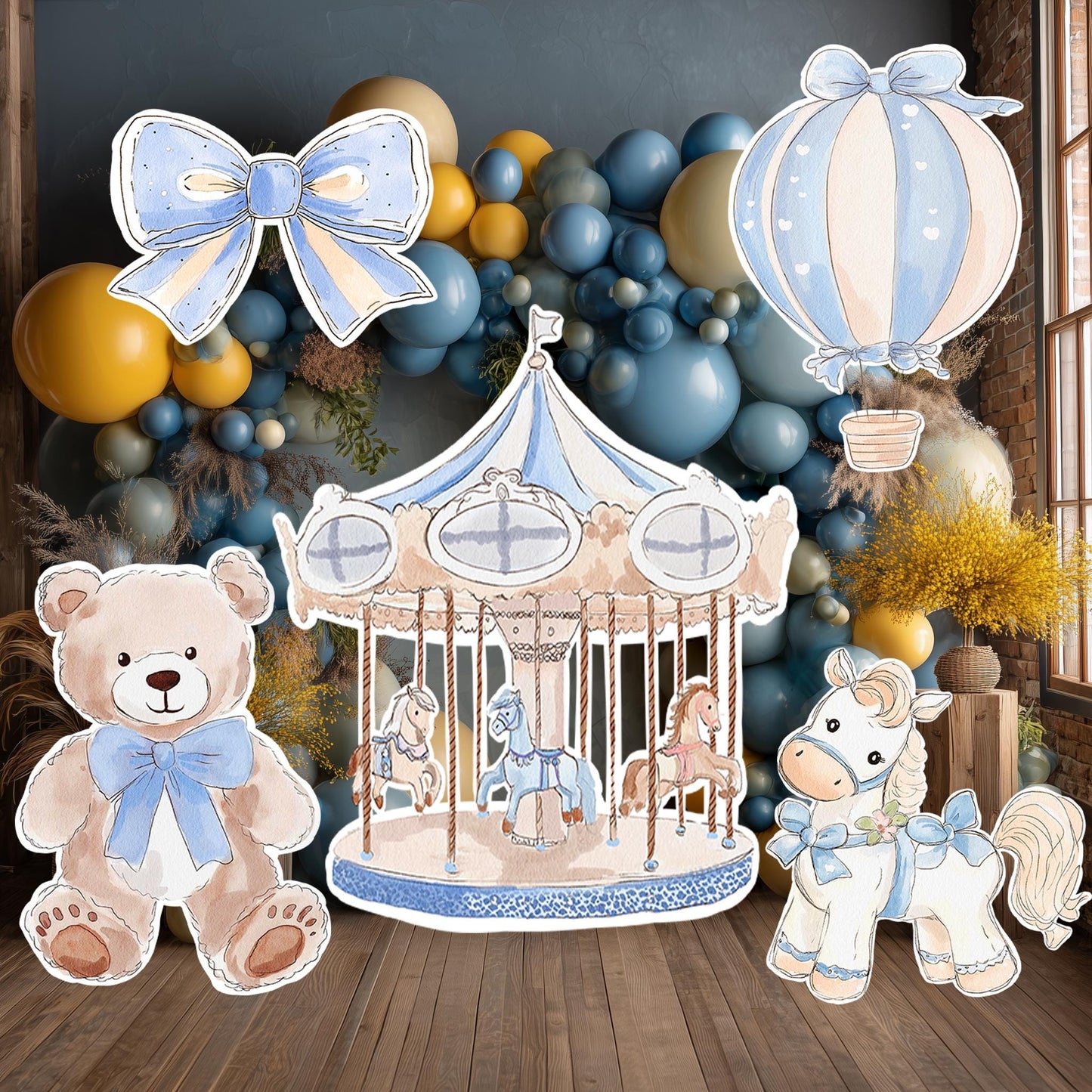 Blue Teddy Bear Cutouts, Boy Baby Shower Decoration, Hot Air Balloon, Backdrop, Party Props, Lawn Sign, Carousel Horse Centerpiece