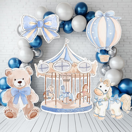 Blue Teddy Bear Cutouts, Boy Baby Shower Decoration, Hot Air Balloon, Backdrop, Party Props, Lawn Sign, Carousel Horse Centerpiece