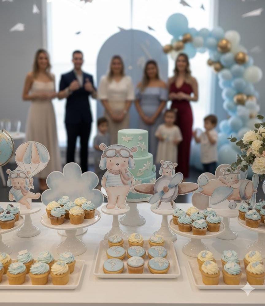 Blue Aviator Bear Double-Sided Table Centerpieces Set 6, Adventure Baby Shower, Clouds Nursery Decor, Table Decor, Birthday Decorations