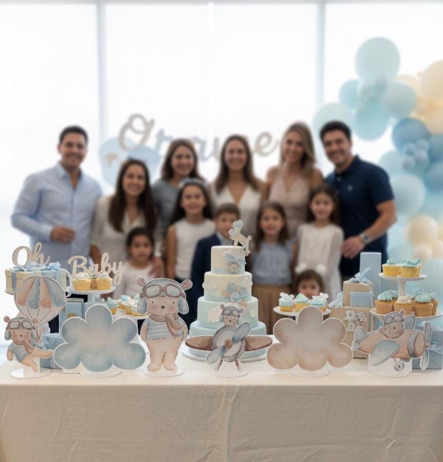 Blue Aviator Bear Double-Sided Table Centerpieces Set 6, Adventure Baby Shower, Clouds Nursery Decor, Table Decor, Birthday Decorations