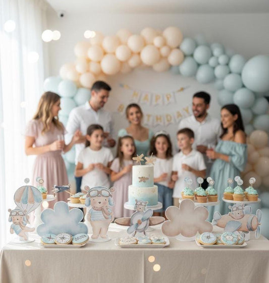 Blue Aviator Bear Double-Sided Table Centerpieces Set 6, Adventure Baby Shower, Clouds Nursery Decor, Table Decor, Birthday Decorations