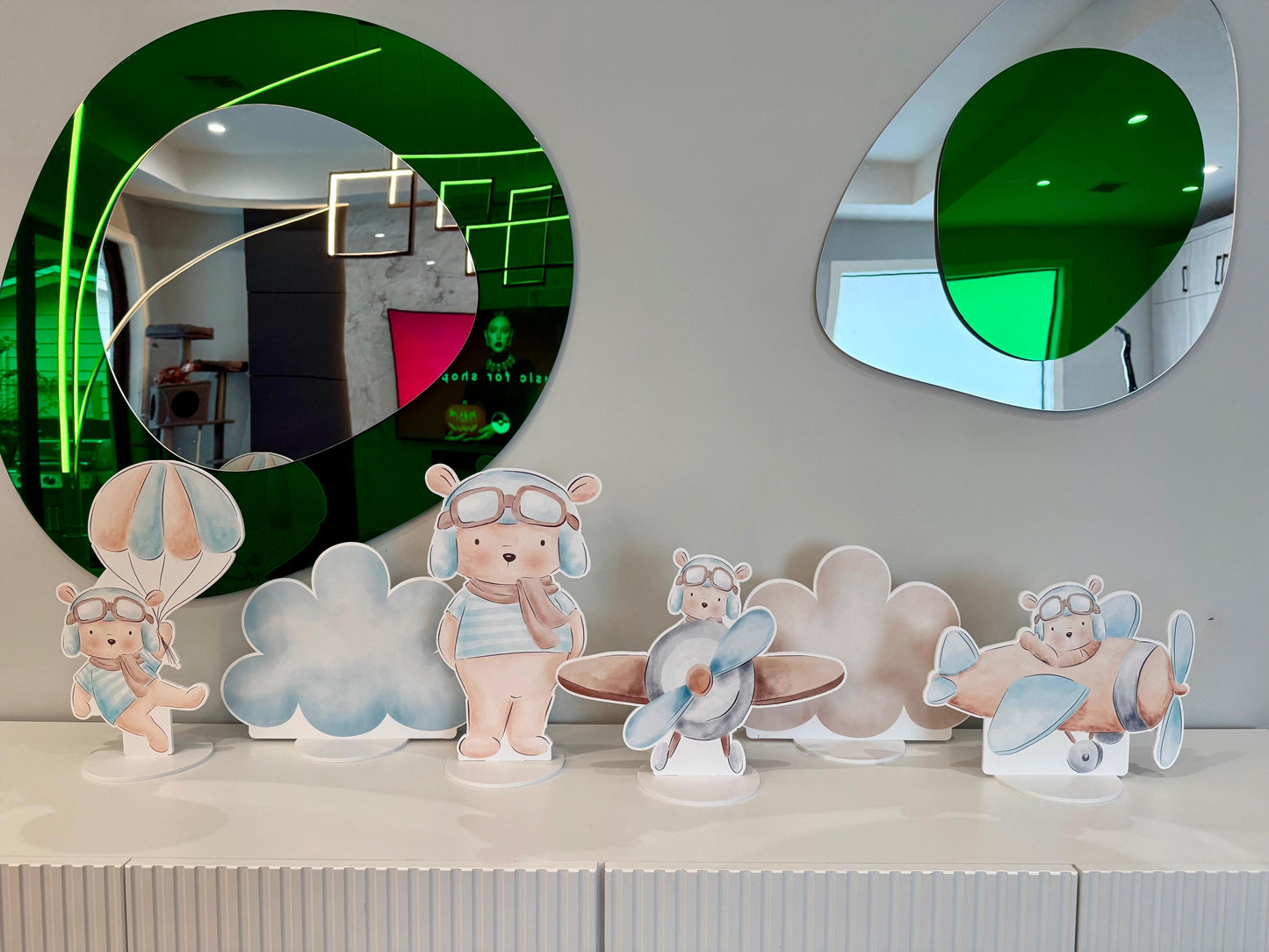 Blue Aviator Bear Double-Sided Table Centerpieces Set 6, Adventure Baby Shower, Clouds Nursery Decor, Table Decor, Birthday Decorations