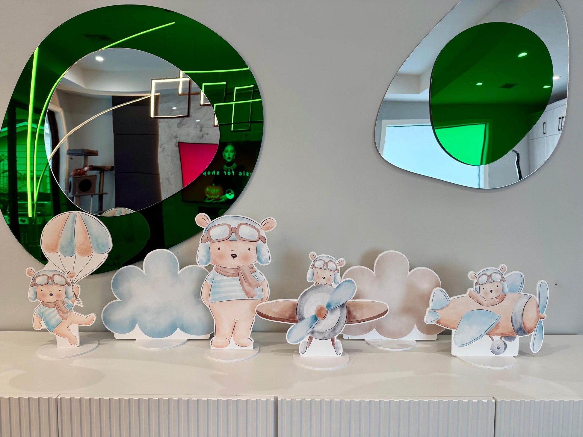 Blue Aviator Bear Double-Sided Table Centerpieces Set 6, Adventure Baby Shower, Clouds Nursery Decor, Table Decor, Birthday Decorations