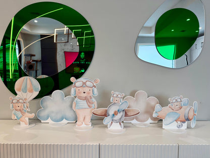 Blue Aviator Bear Double-Sided Table Centerpieces Set 6, Adventure Baby Shower, Clouds Nursery Decor, Table Decor, Birthday Decorations